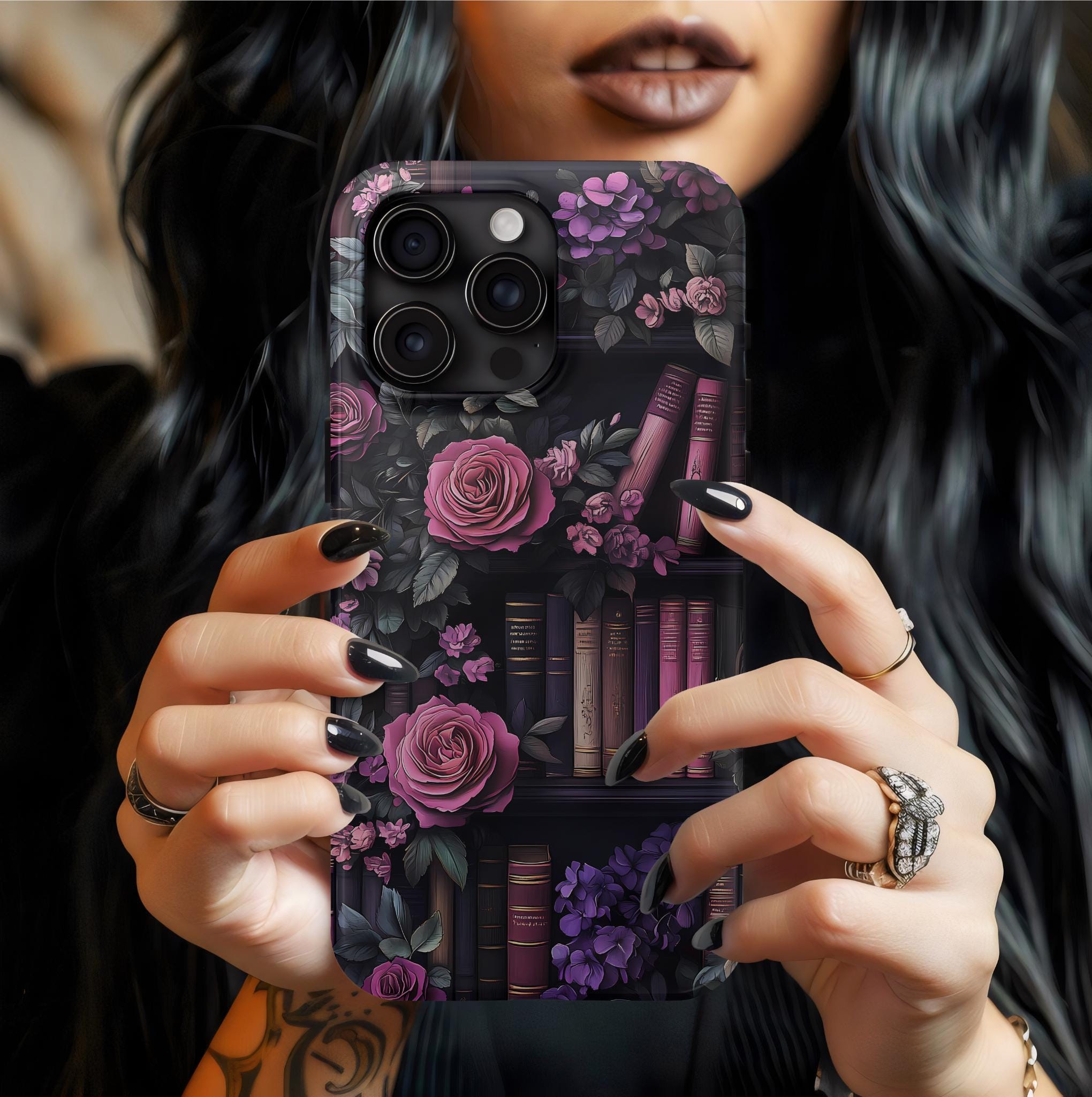Floral Book Phone Case, Vintage Purple Bookshelf Boho Book Lover Gift, iPhone Galaxy, Pixel