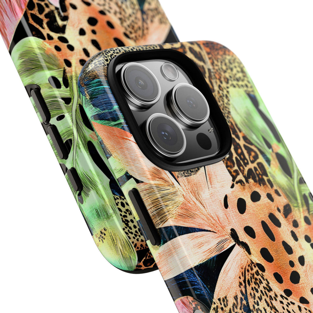 Leopard Print Phone Case, Tropical Green Floral Design, iPhone Case, Galaxy Pixel