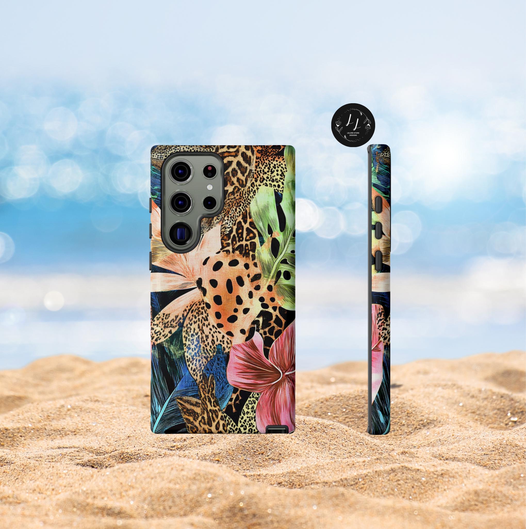 Leopard Print Phone Case, Tropical Green Floral Design, iPhone Case, Galaxy Pixel