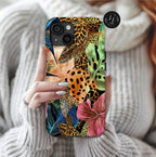 Leopard Print Phone Case, Tropical Green Floral Design, iPhone Case, Galaxy Pixel