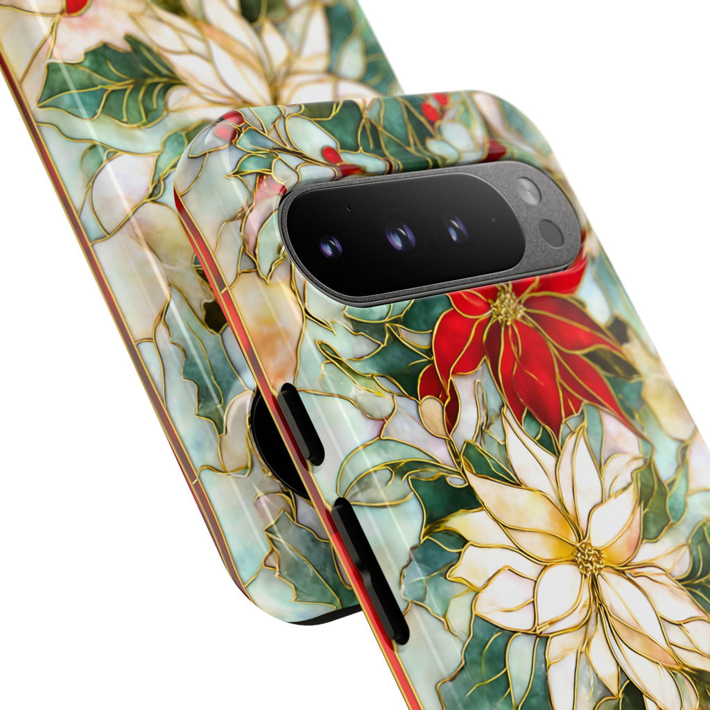 Christmas Leaves Phone Case Poinsettia Holly Stained Glass Effect, Festive Holiday iPhone Galaxy Pixel
