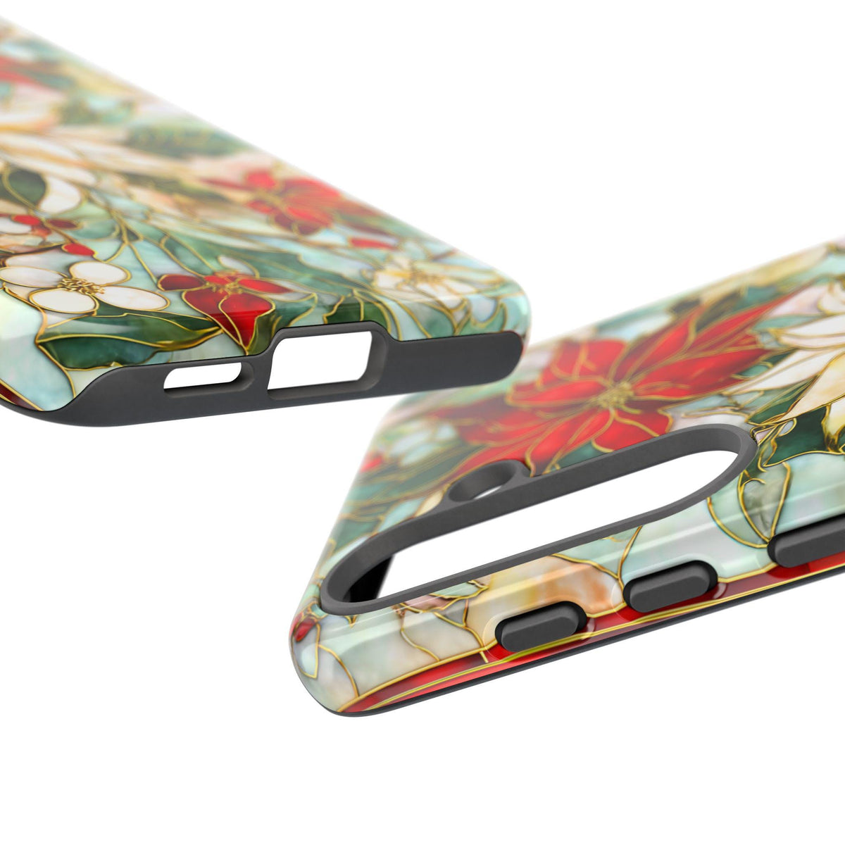 Christmas Leaves Phone Case Poinsettia Holly Stained Glass Effect, Festive Holiday iPhone Galaxy Pixel