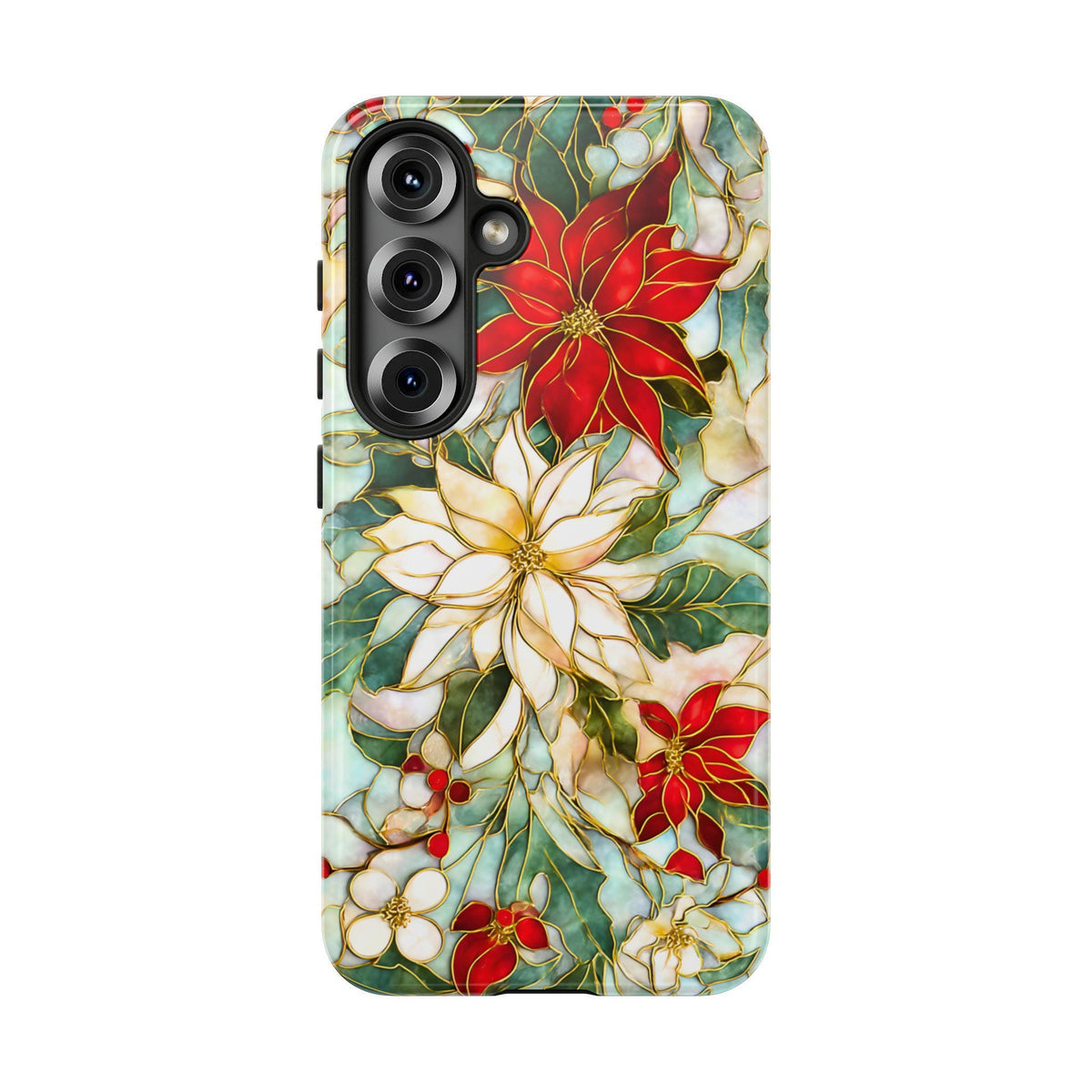 Christmas Leaves Phone Case Poinsettia Holly Stained Glass Effect, Festive Holiday iPhone Galaxy Pixel