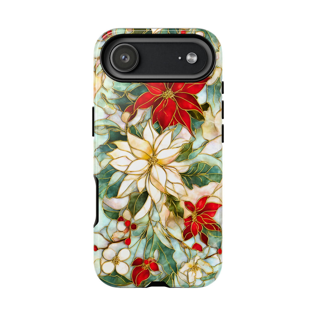 Christmas Leaves Phone Case Poinsettia Holly Stained Glass Effect, Festive Holiday iPhone Galaxy Pixel