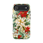 Christmas Leaves Phone Case Poinsettia Holly Stained Glass Effect, Festive Holiday iPhone Galaxy Pixel
