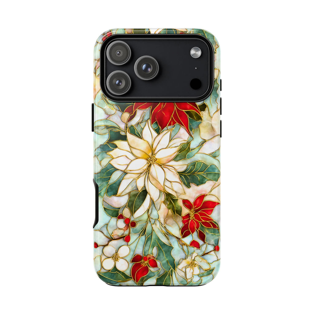 Christmas Leaves Phone Case Poinsettia Holly Stained Glass Effect, Festive Holiday iPhone Galaxy Pixel