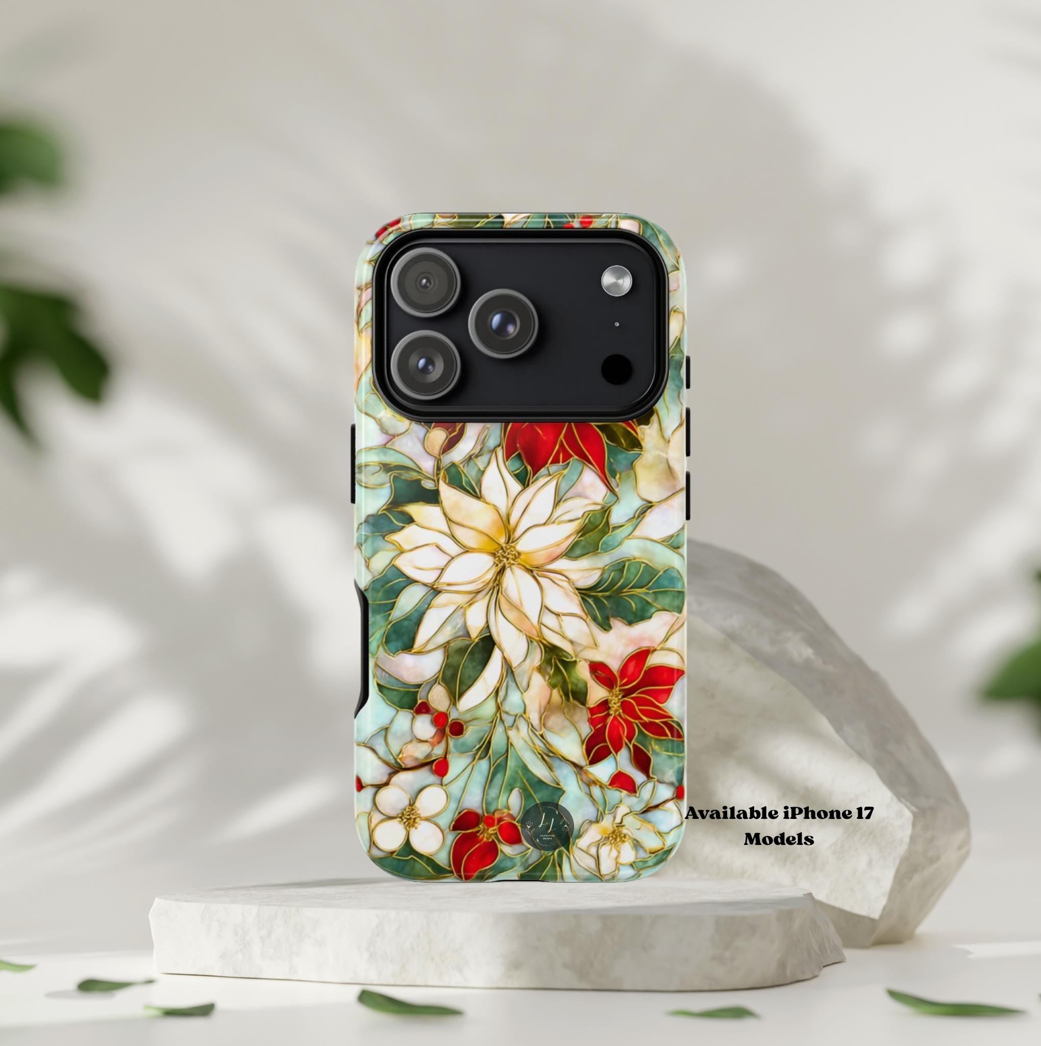 Christmas Leaves Phone Case Poinsettia Holly Stained Glass Effect, Festive Holiday iPhone Galaxy Pixel