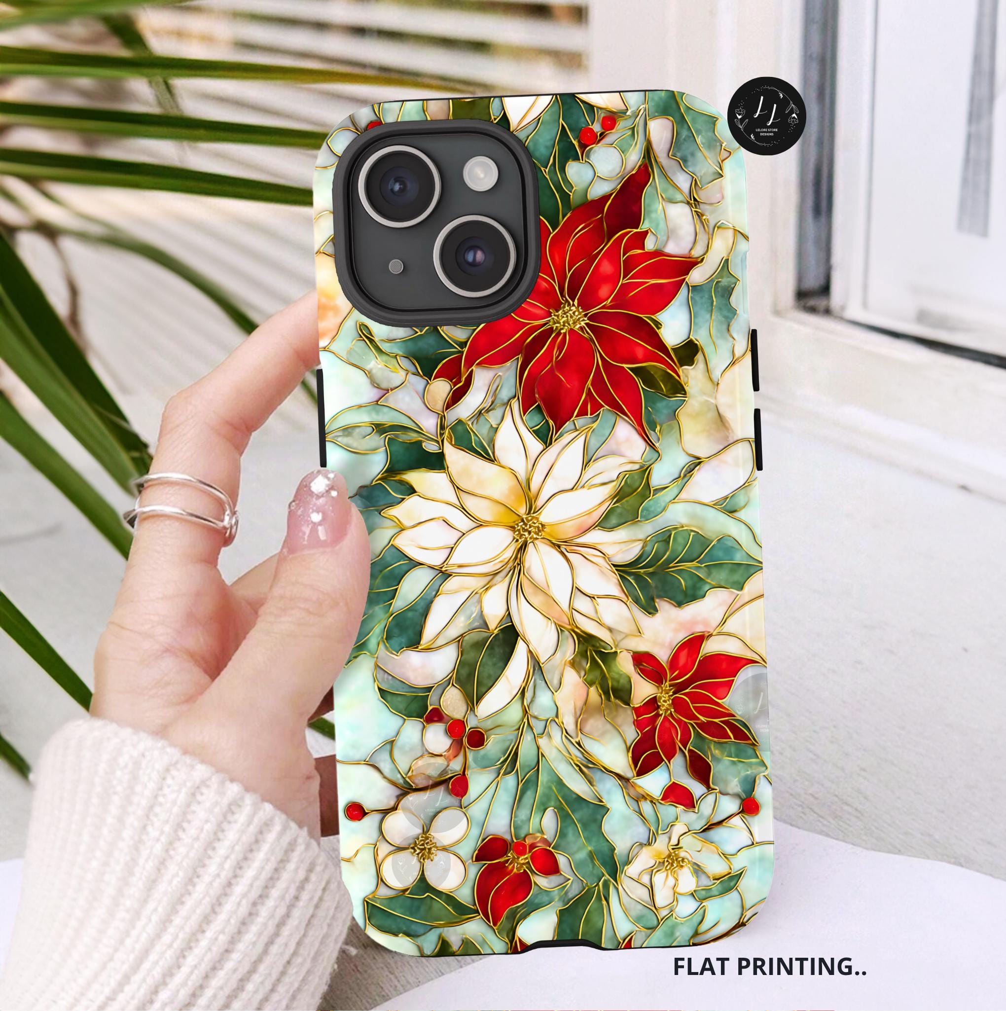 Christmas Leaves Phone Case Poinsettia Holly Stained Glass Effect, Festive Holiday iPhone Galaxy Pixel