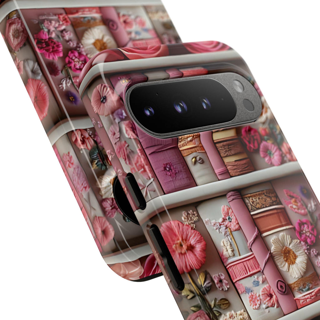 Pink Floral Bookish Phone Case:  Faux Embroidered Flowers Books Pixel Samsung iPhone Book Lovers