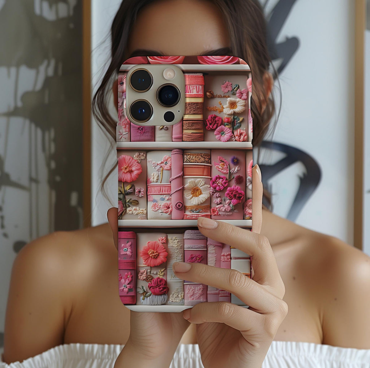 Pink Floral Bookish Phone Case:  Faux Embroidered Flowers Books Pixel Samsung iPhone Book Lovers