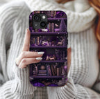 Christmas Bookshelf Phone Case, Holiday Dark Purple Bookish Cover iPhone Galaxy Pixel book lovers
