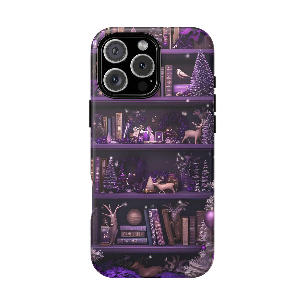 Christmas Bookshelf Phone Case, Holiday Dark Purple Bookish Cover iPhone Galaxy Pixel book lovers
