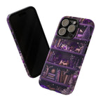 Christmas Bookshelf Phone Case, Holiday Dark Purple Bookish Cover iPhone Galaxy Pixel book lovers