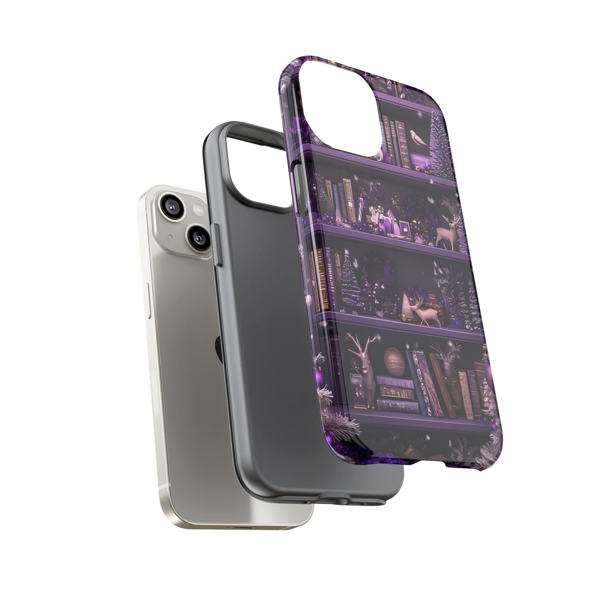Christmas Bookshelf Phone Case, Holiday Dark Purple Bookish Cover iPhone Galaxy Pixel book lovers