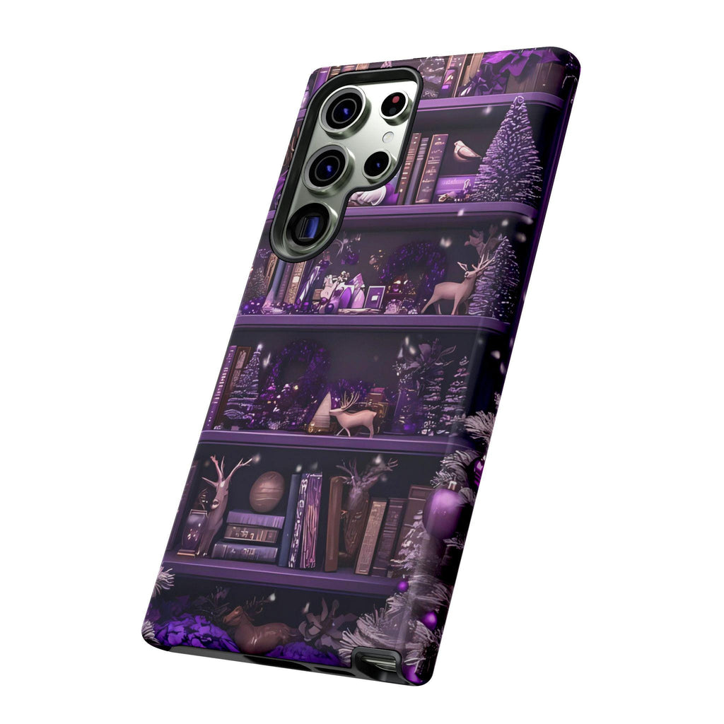 Christmas Bookshelf Phone Case, Holiday Dark Purple Bookish Cover iPhone Galaxy Pixel book lovers