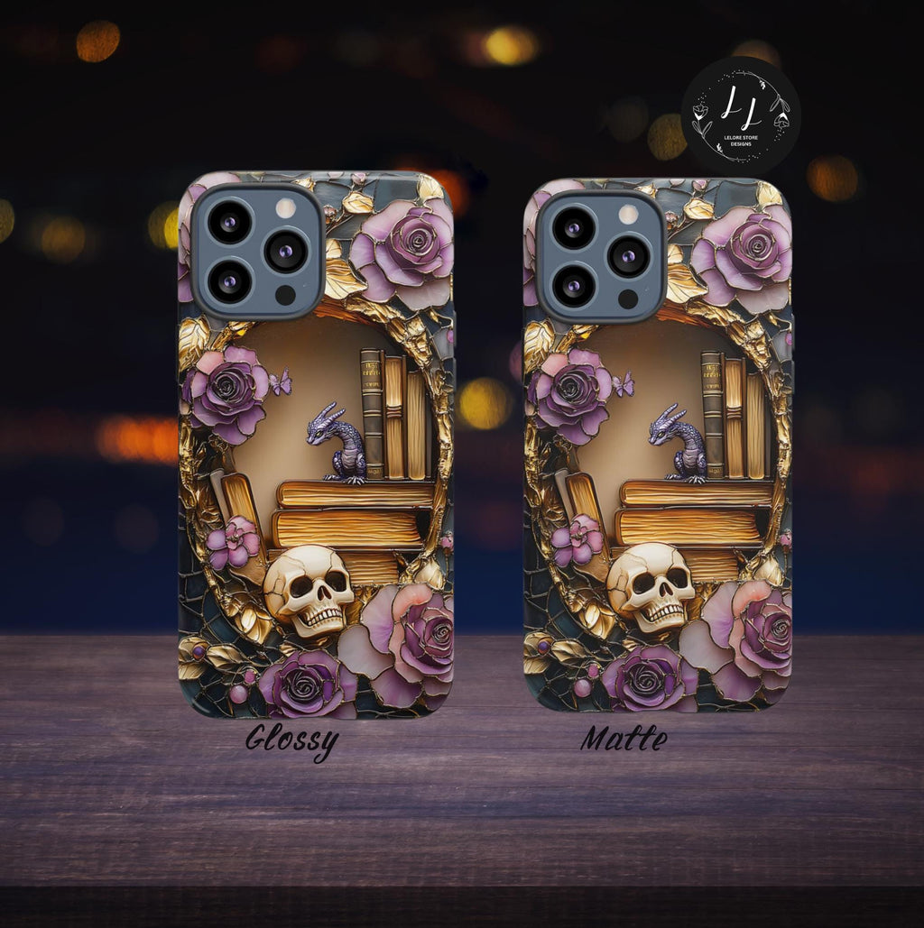 Dragon  Fantasy Phone Case Bookshelf Faux Stained GlassMagical Book Lover Gift iPhone Galaxy Pixel