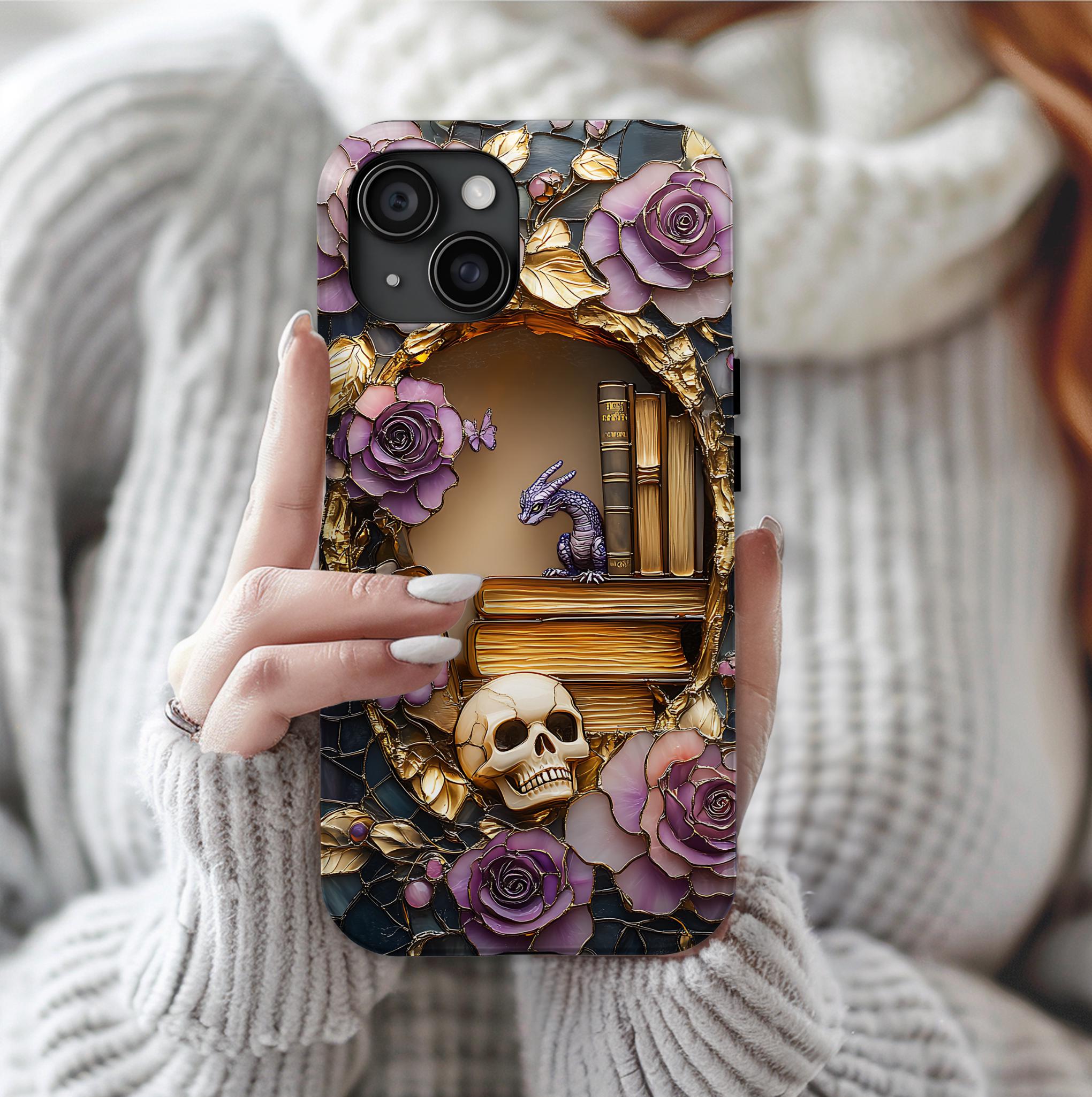 Dragon  Fantasy Phone Case Bookshelf Faux Stained GlassMagical Book Lover Gift iPhone Galaxy Pixel