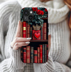 Bookish Bookshelf Heart Phone Case: Red Roses, Romantic Design iPhone Galaxy Pixel Book Gift