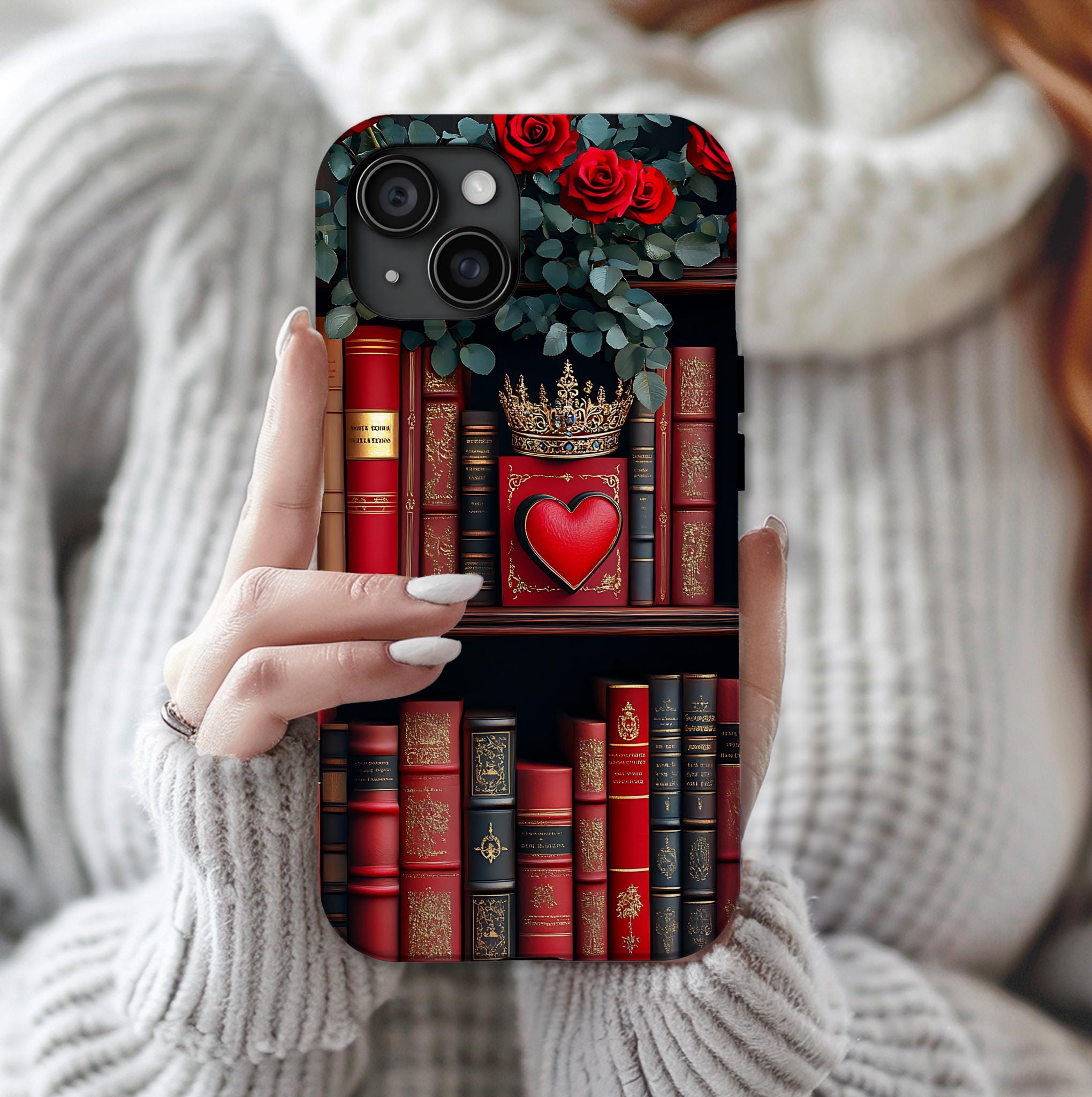 Bookish Bookshelf Heart Phone Case: Red Roses, Romantic Design iPhone Galaxy Pixel Book Gift