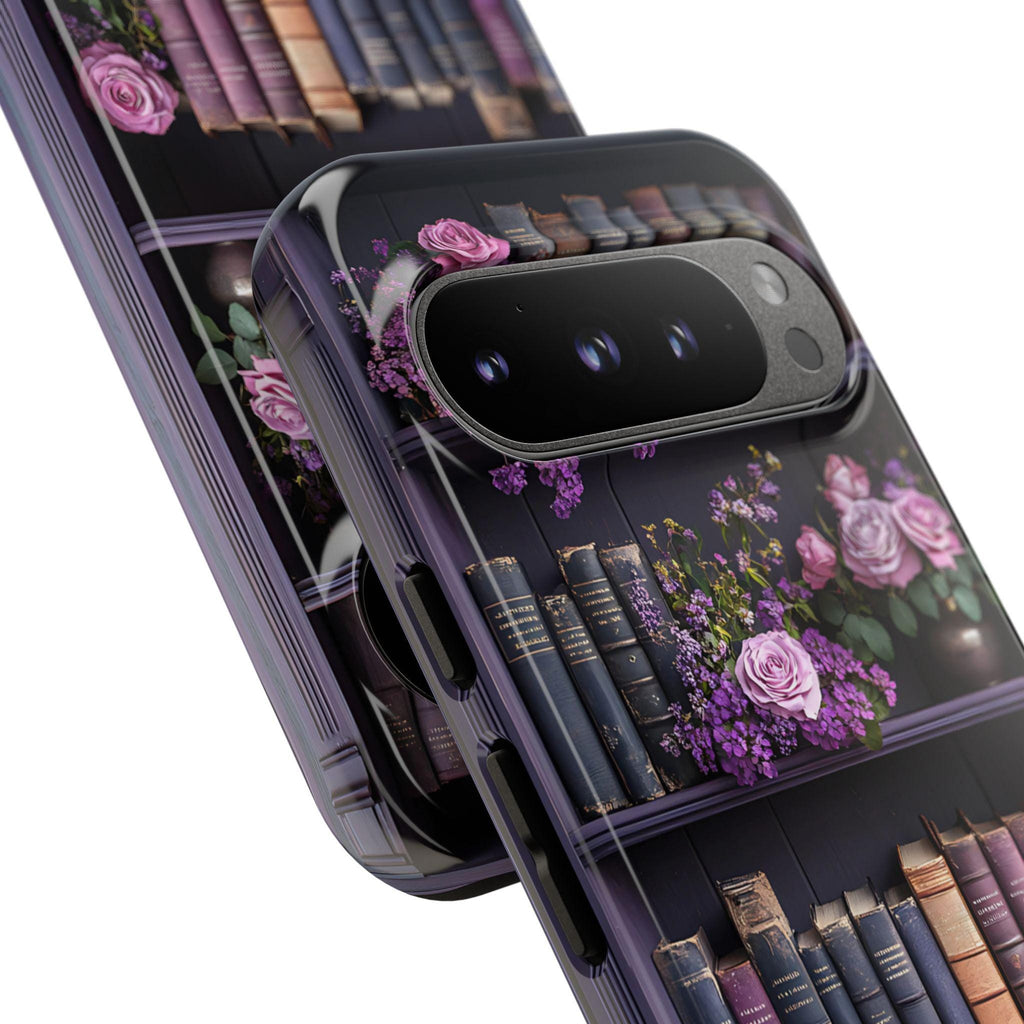 Boho Bookish Phone Case, literature Purple Pink Floral Bookshelf iPhone Pixel Galaxy, Bookworm Gift,