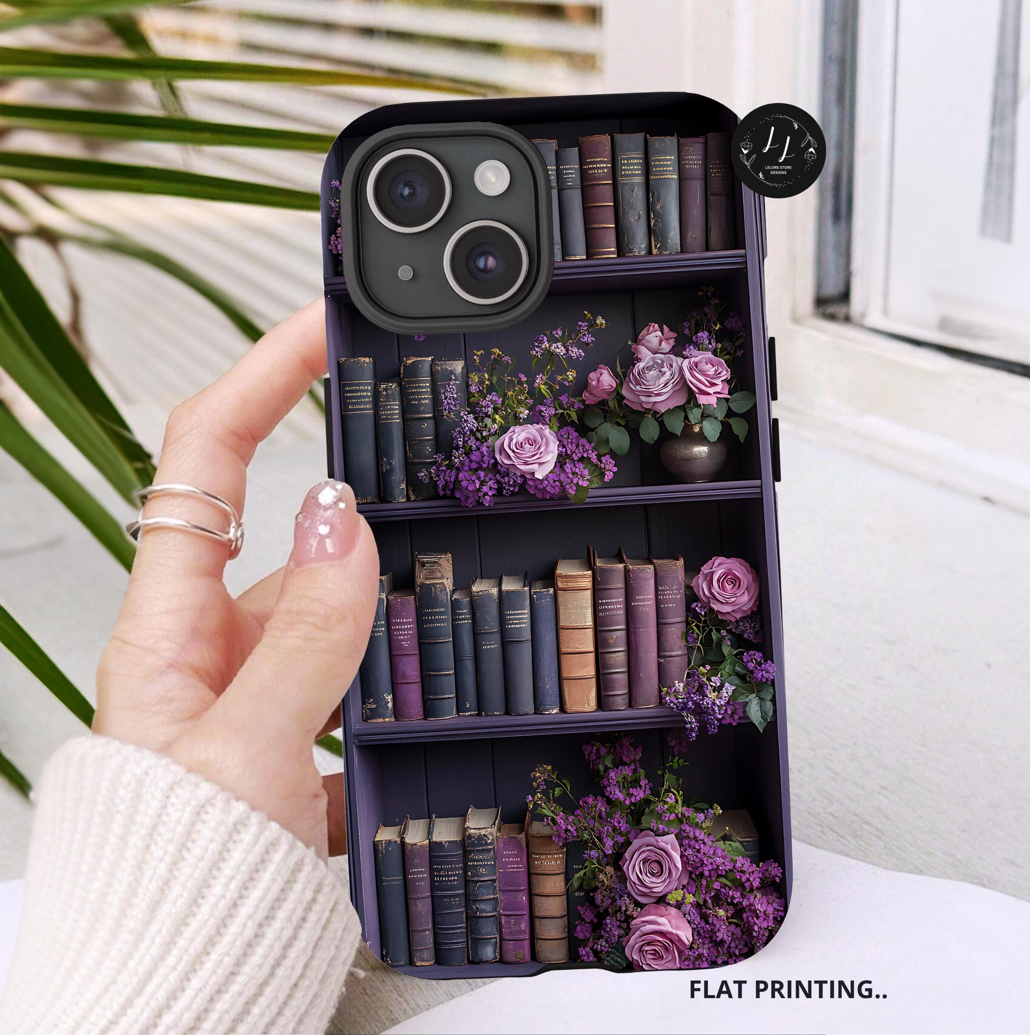 Boho Bookish Phone Case, literature Purple Pink Floral Bookshelf iPhone Pixel Galaxy, Bookworm Gift,