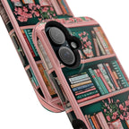 Pink Floral Bookshelf iPhone Case: Book Lover Gift, Magnetic Cases MagSafe Compatible Book