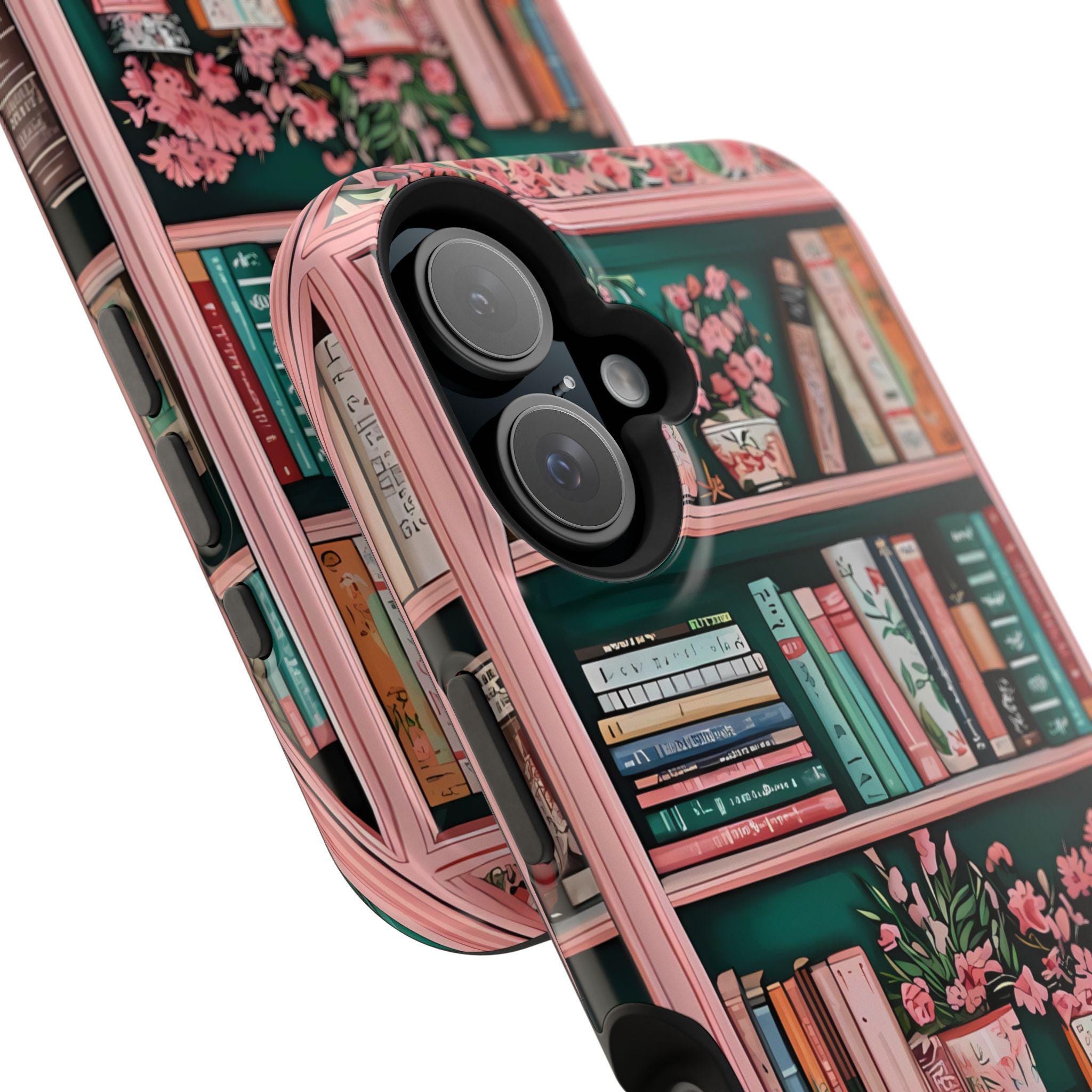 Pink Floral Bookshelf iPhone Case: Book Lover Gift, Magnetic Cases MagSafe Compatible Book