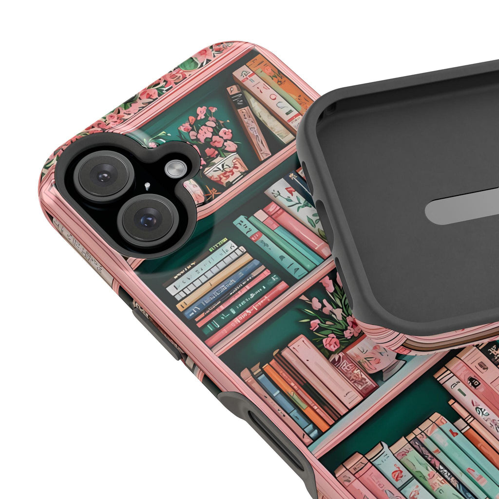 Pink Floral Bookshelf iPhone Case: Book Lover Gift, Magnetic Cases MagSafe Compatible Book