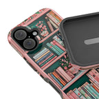 Pink Floral Bookshelf iPhone Case: Book Lover Gift, Magnetic Cases MagSafe Compatible Book