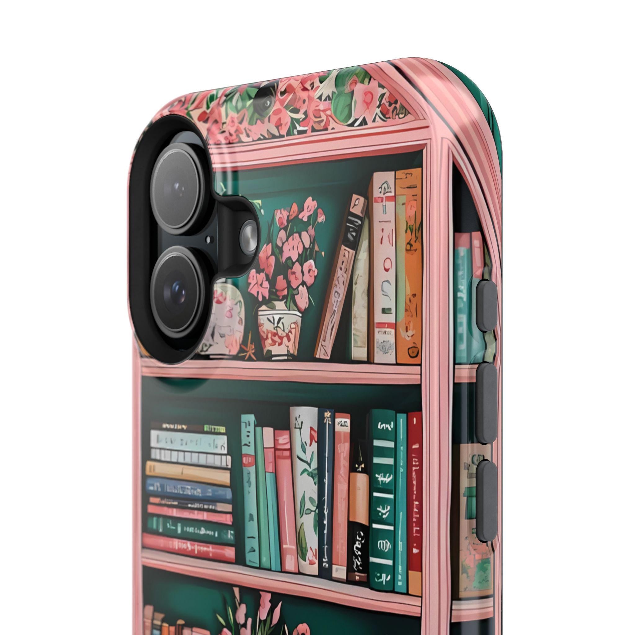 Pink Floral Bookshelf iPhone Case: Book Lover Gift, Magnetic Cases MagSafe Compatible Book