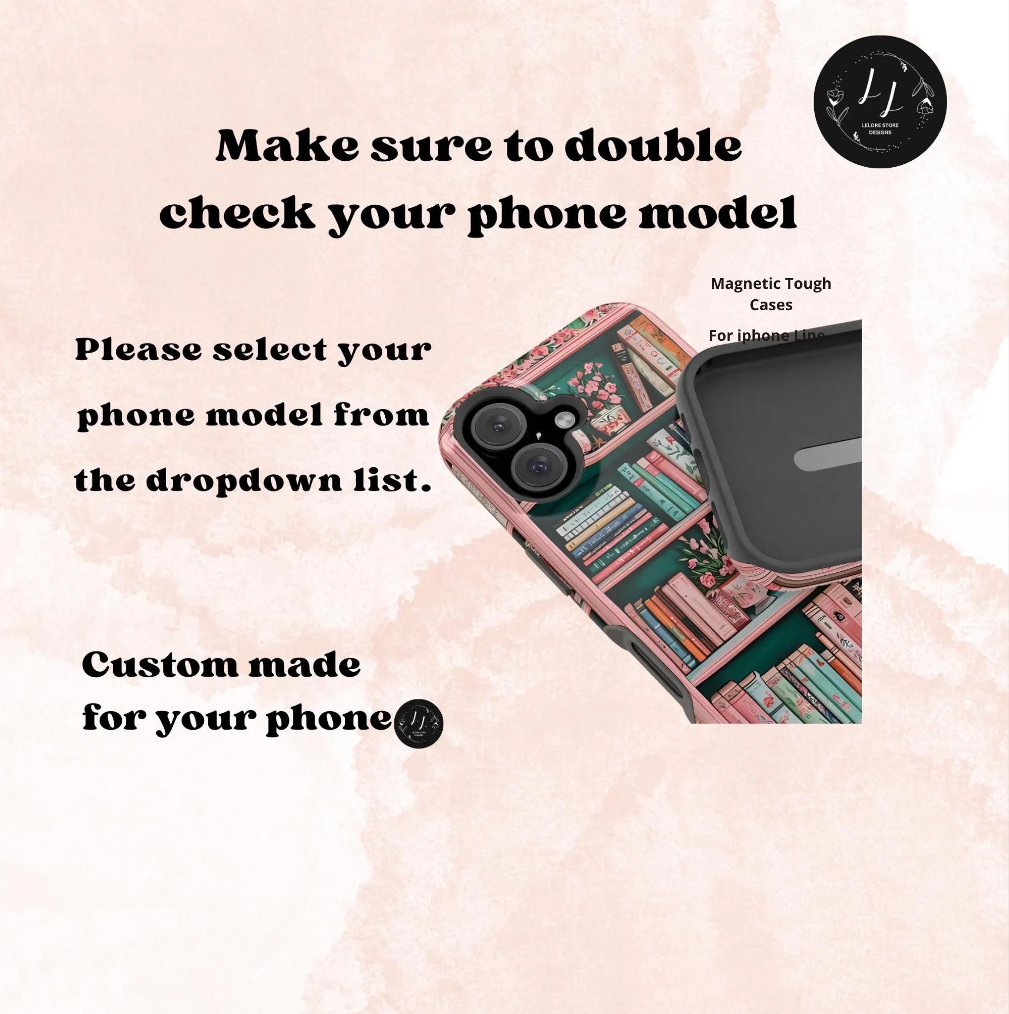 Pink Floral Bookshelf iPhone Case: Book Lover Gift, Magnetic Cases MagSafe Compatible Book