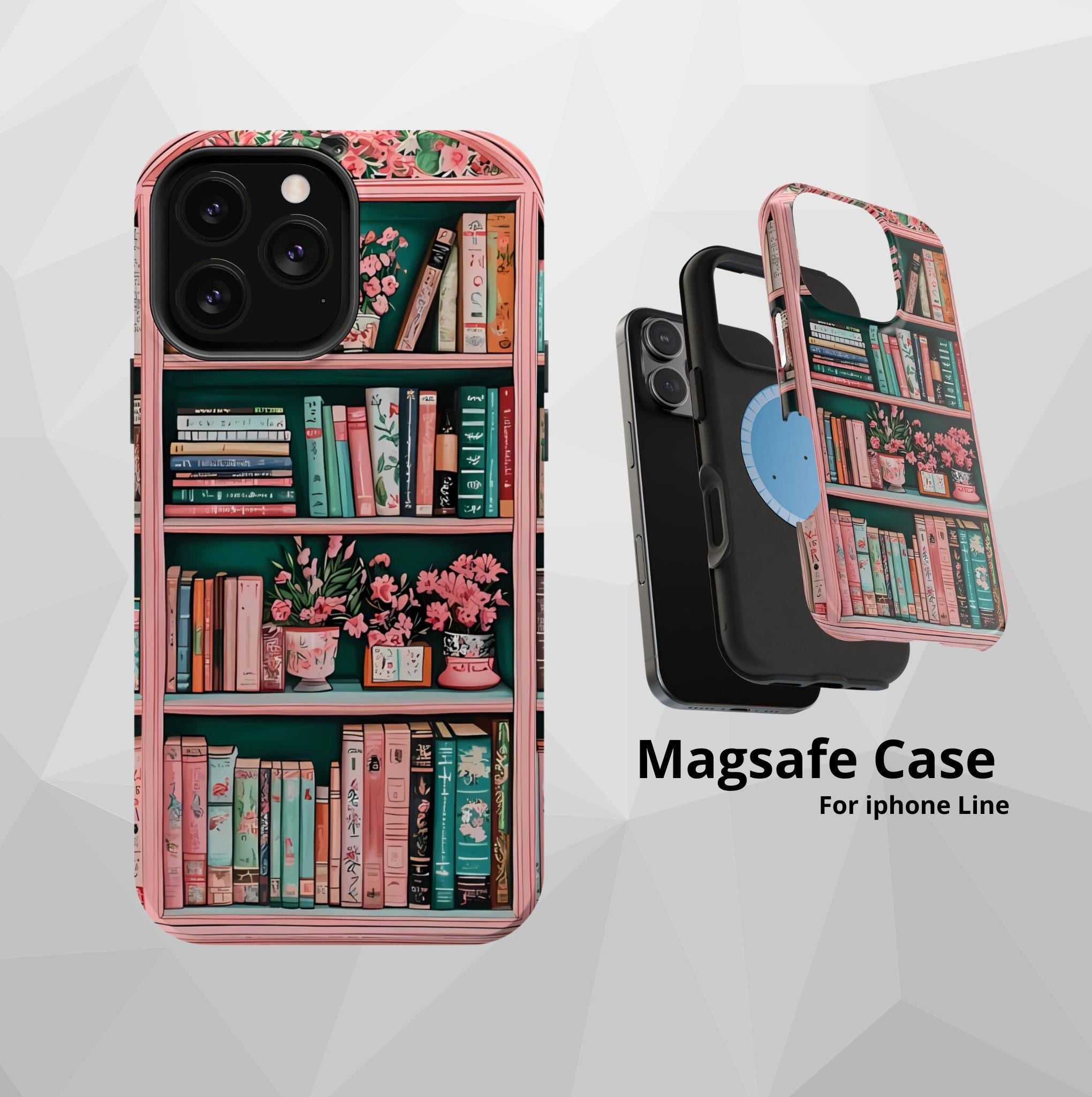Pink Floral Bookshelf iPhone Case: Book Lover Gift, Magnetic Cases MagSafe Compatible Book