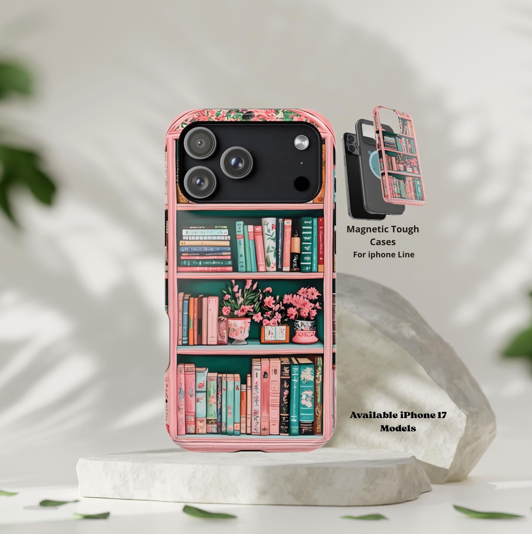 Pink Floral Bookshelf iPhone Case: Book Lover Gift, Magnetic Cases MagSafe Compatible Book