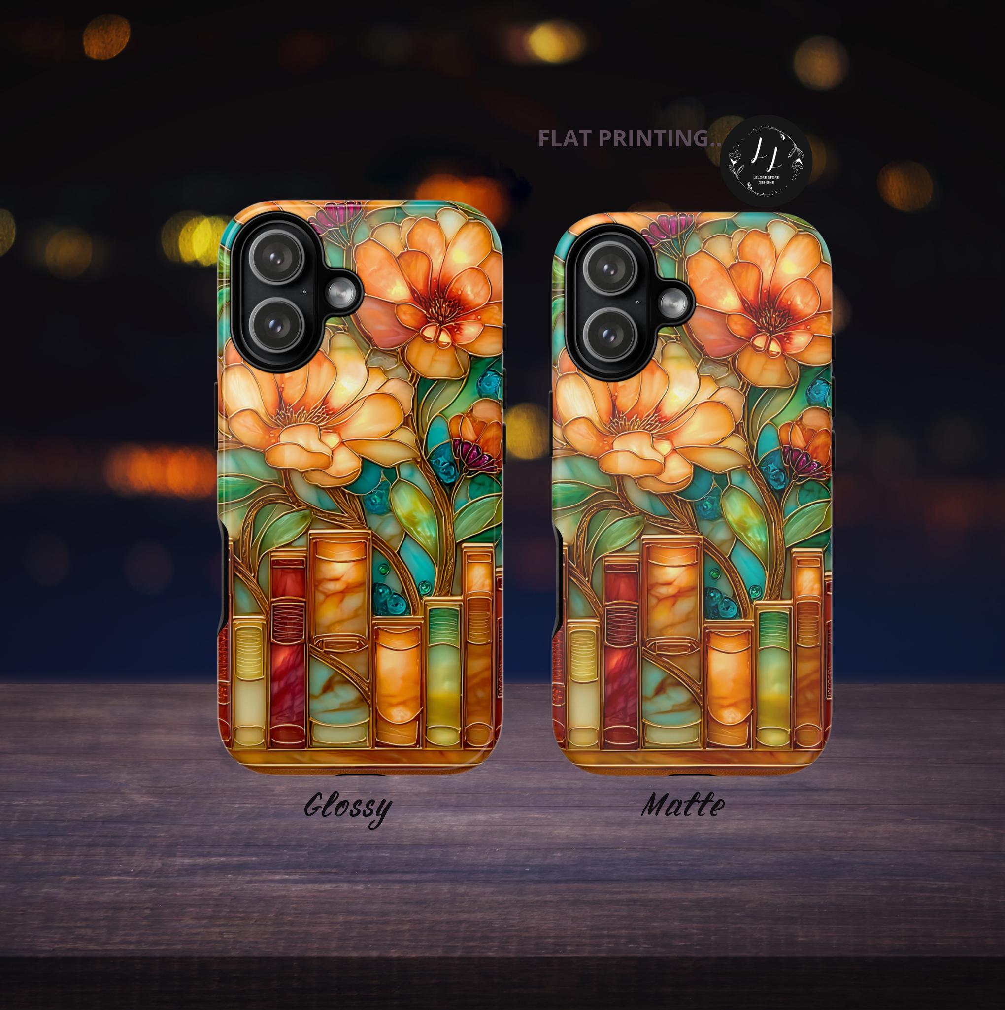 Boho Bookshelf Floral Phone Case: Faux Stained Glass Vintage Cover iPhone Galaxy Pixel Readers