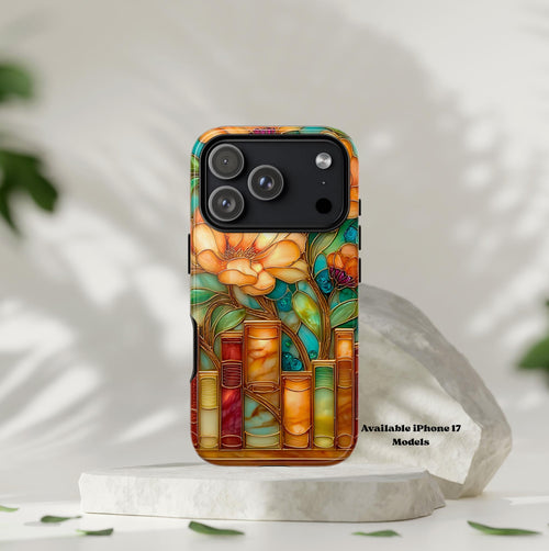 Boho Bookshelf Floral Phone Case: Faux Stained Glass Vintage Cover iPhone Galaxy Pixel Readers