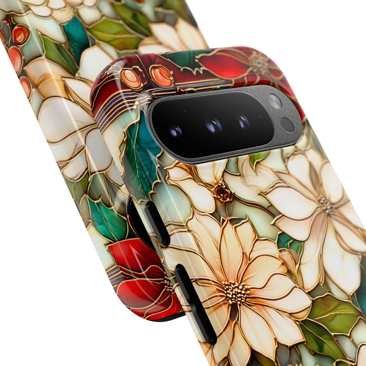 Christmas Poinsettia Phone Case: Faux Stained Glass Floral Cover Holly Leaves iPhone Galaxy Pixel