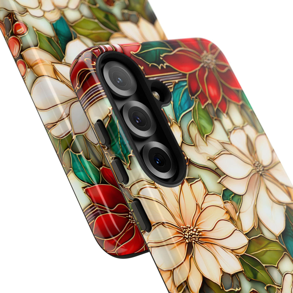 Christmas Poinsettia Phone Case: Faux Stained Glass Floral Cover Holly Leaves iPhone Galaxy Pixel