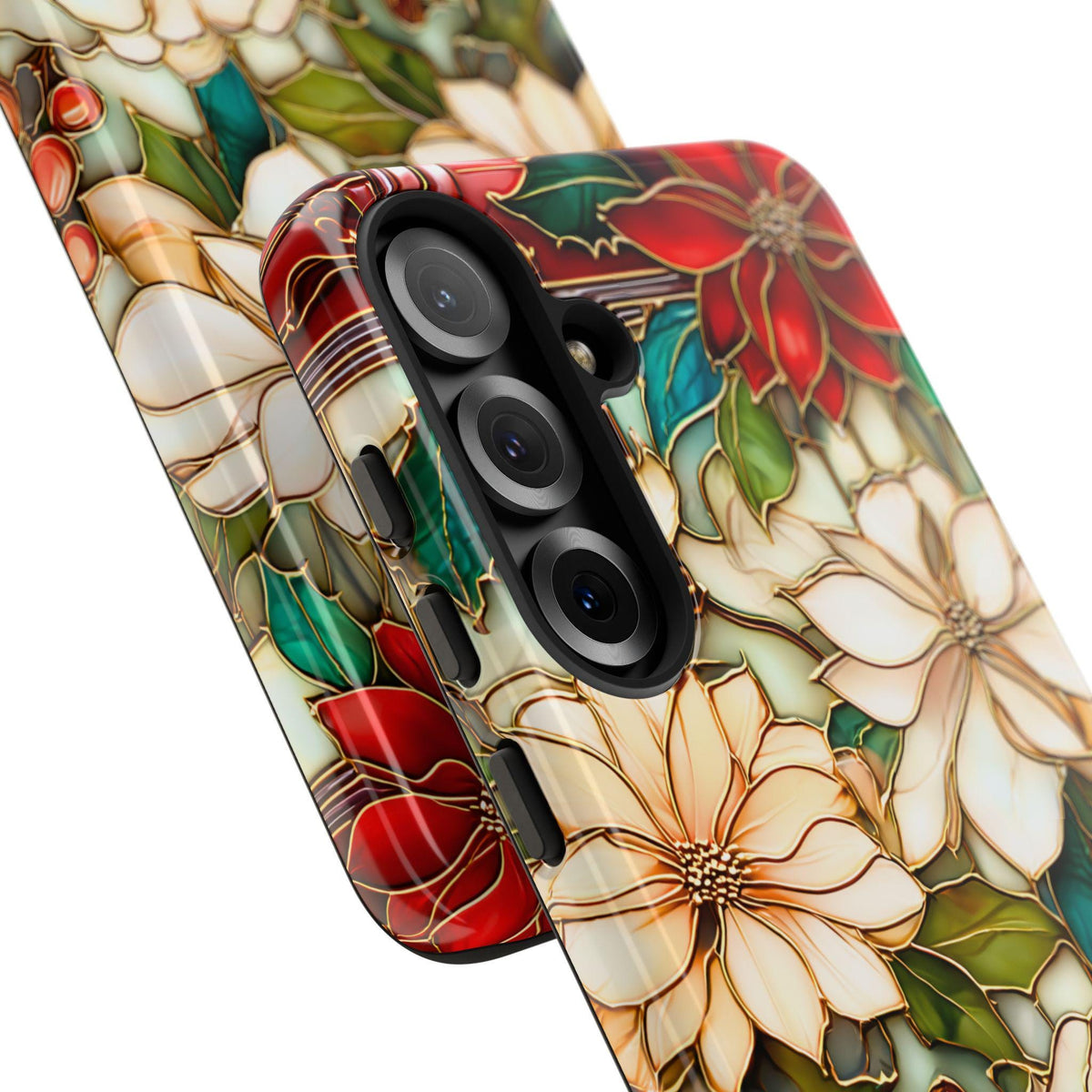 Christmas Poinsettia Phone Case: Faux Stained Glass Floral Cover Holly Leaves iPhone Galaxy Pixel