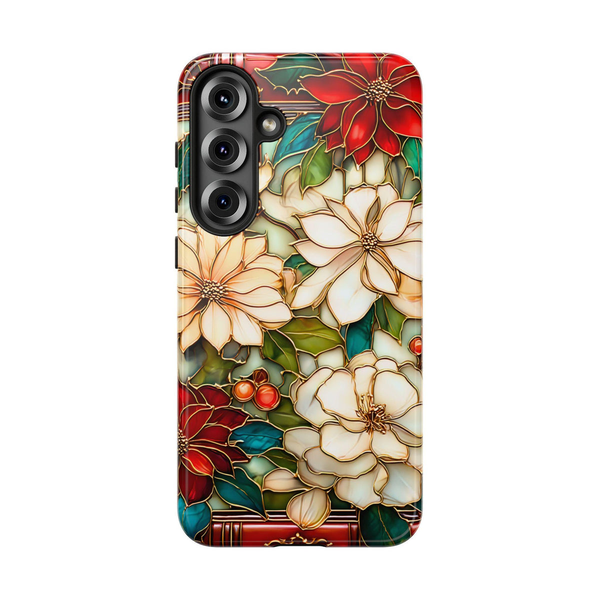 Christmas Poinsettia Phone Case: Faux Stained Glass Floral Cover Holly Leaves iPhone Galaxy Pixel
