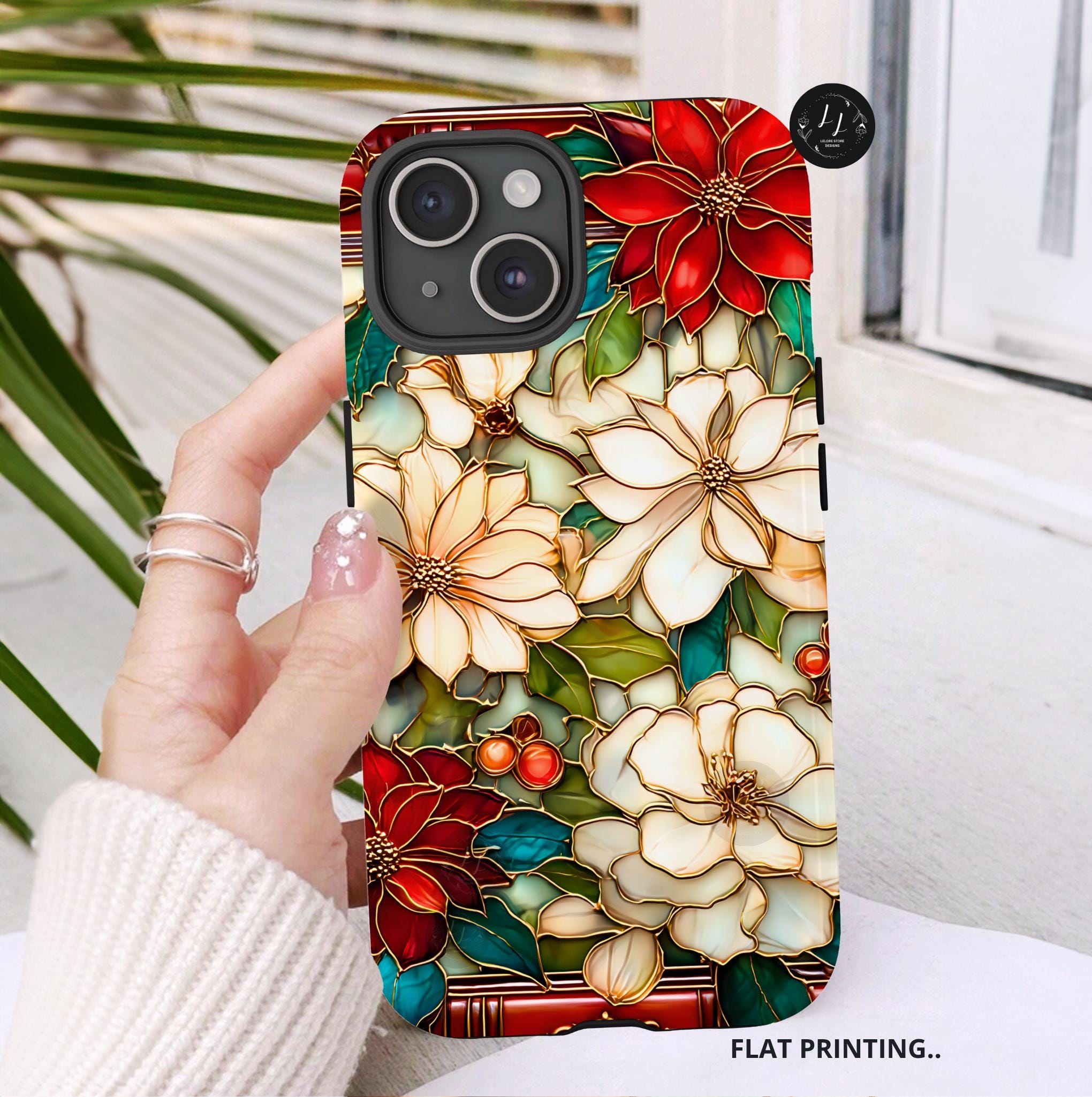 Christmas Poinsettia Phone Case: Faux Stained Glass Floral Cover Holly Leaves iPhone Galaxy Pixel