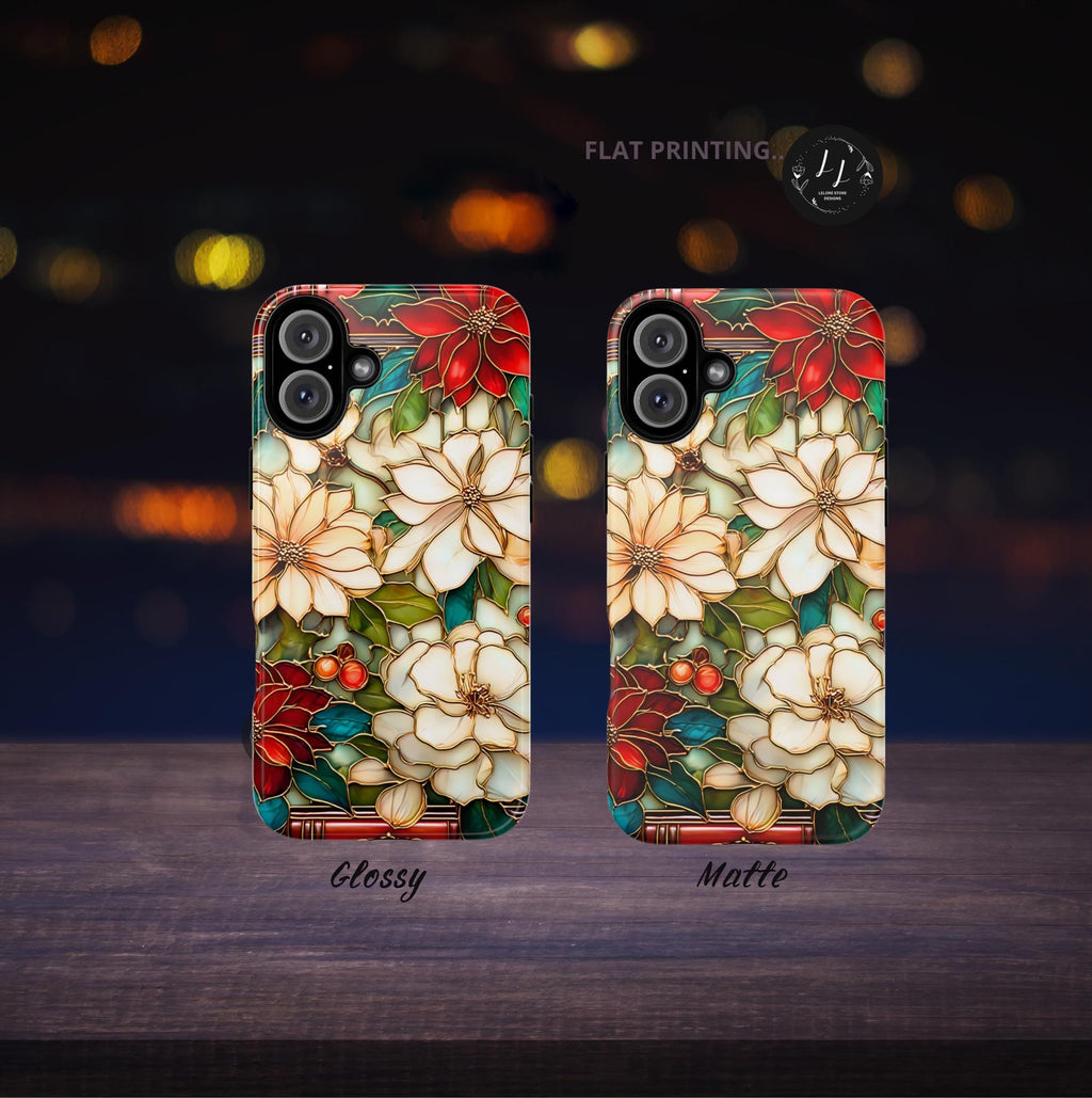Christmas Poinsettia Phone Case: Faux Stained Glass Floral Cover Holly Leaves iPhone Galaxy Pixel