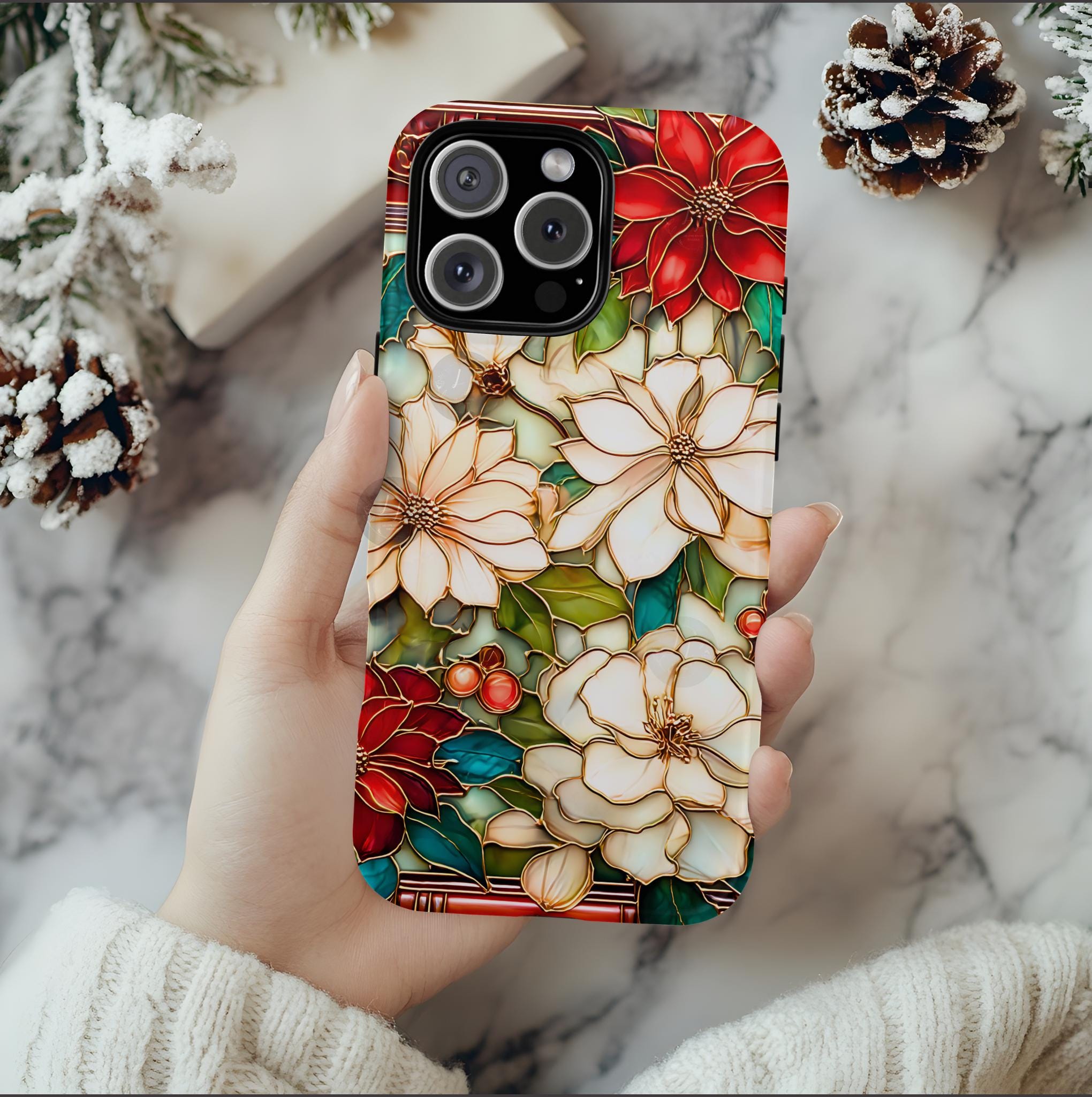 Christmas Poinsettia Phone Case: Faux Stained Glass Floral Cover Holly Leaves iPhone Galaxy Pixel