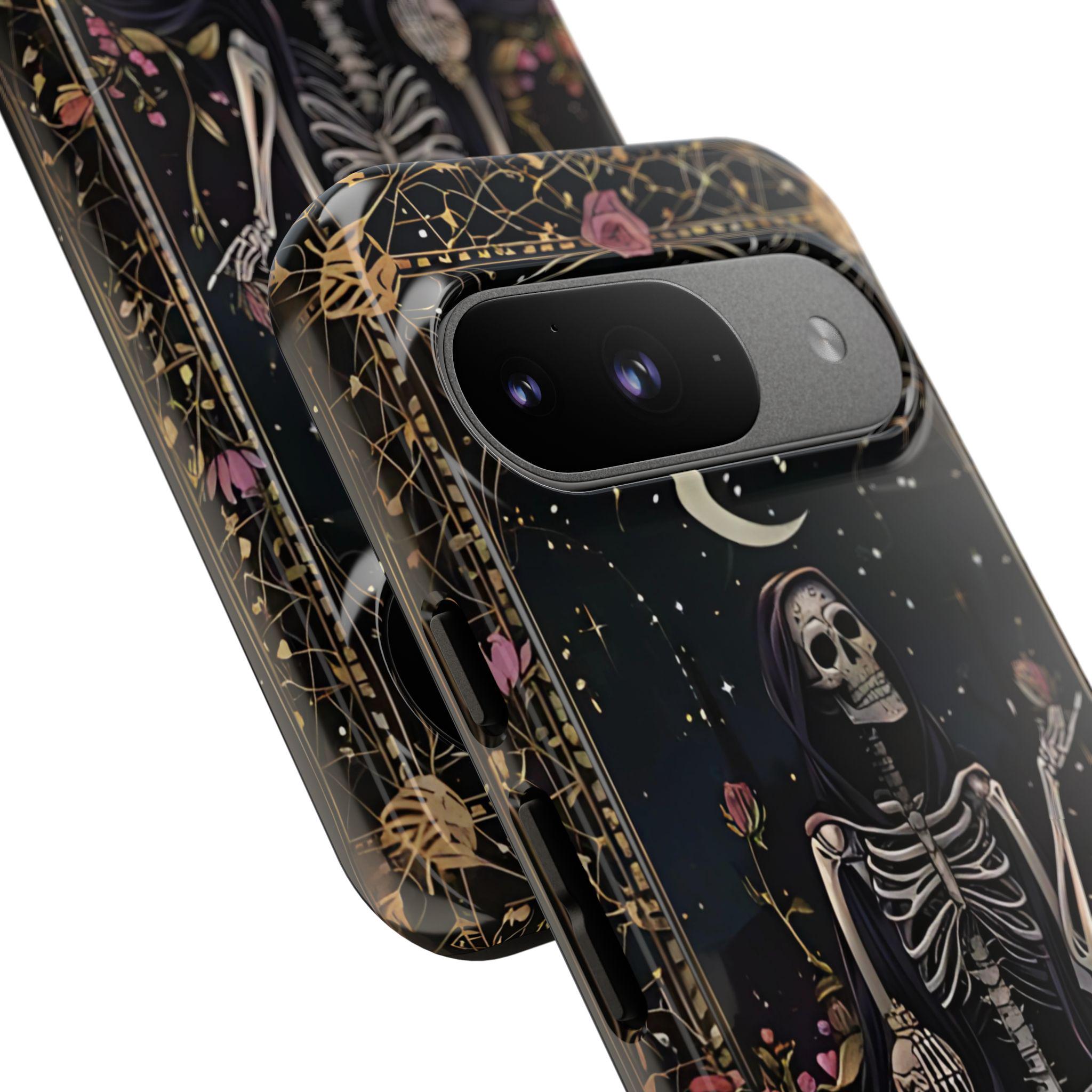 Gothic Skeleton Phone Case, Mystical Roses, Halloween Cover, iPhone, Galaxy Pixel