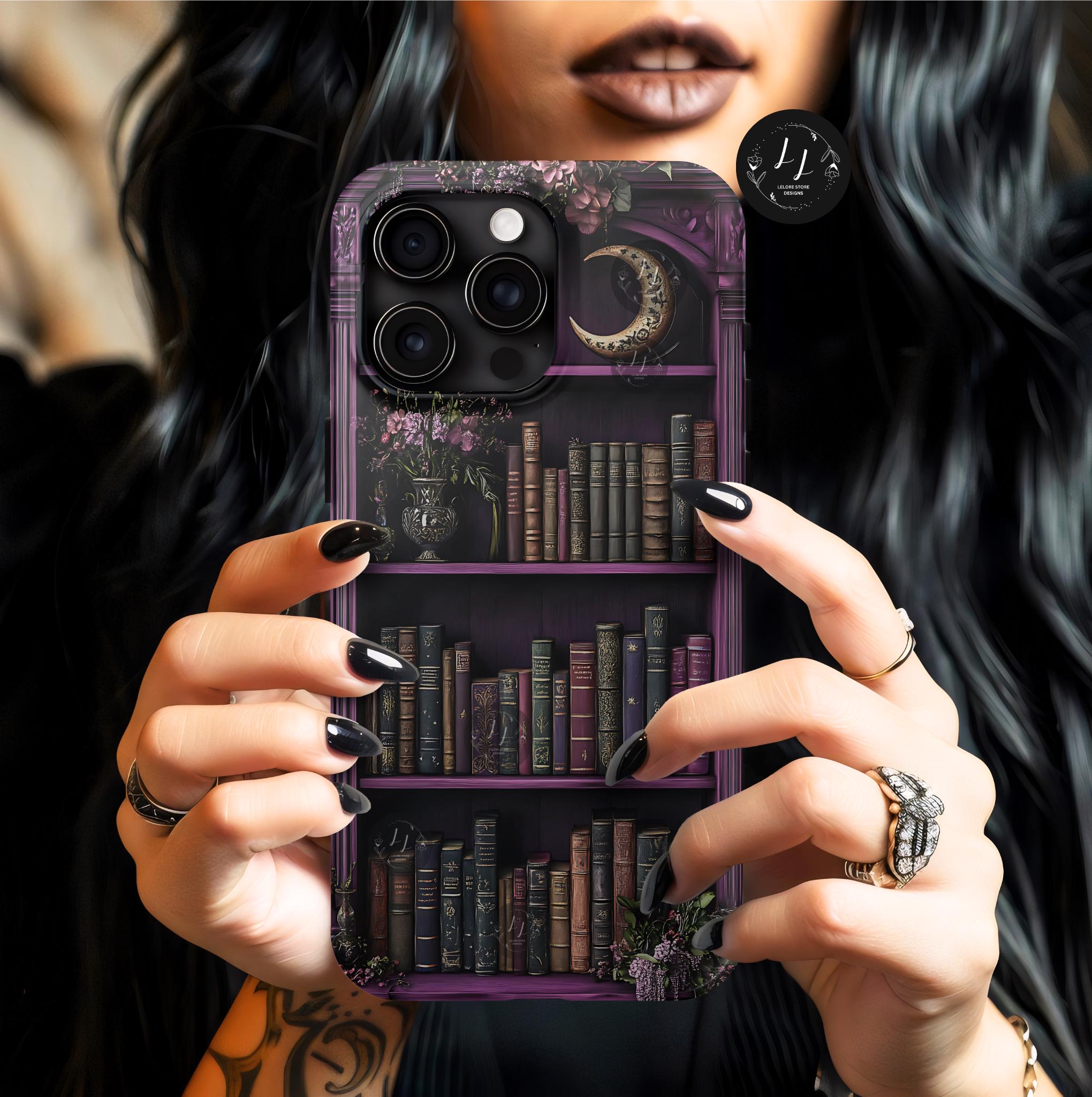 Floral Bookshelf Phone Case, Purple  Celestial Case  iPhone  Galaxy  Pixel  Book Club Gift