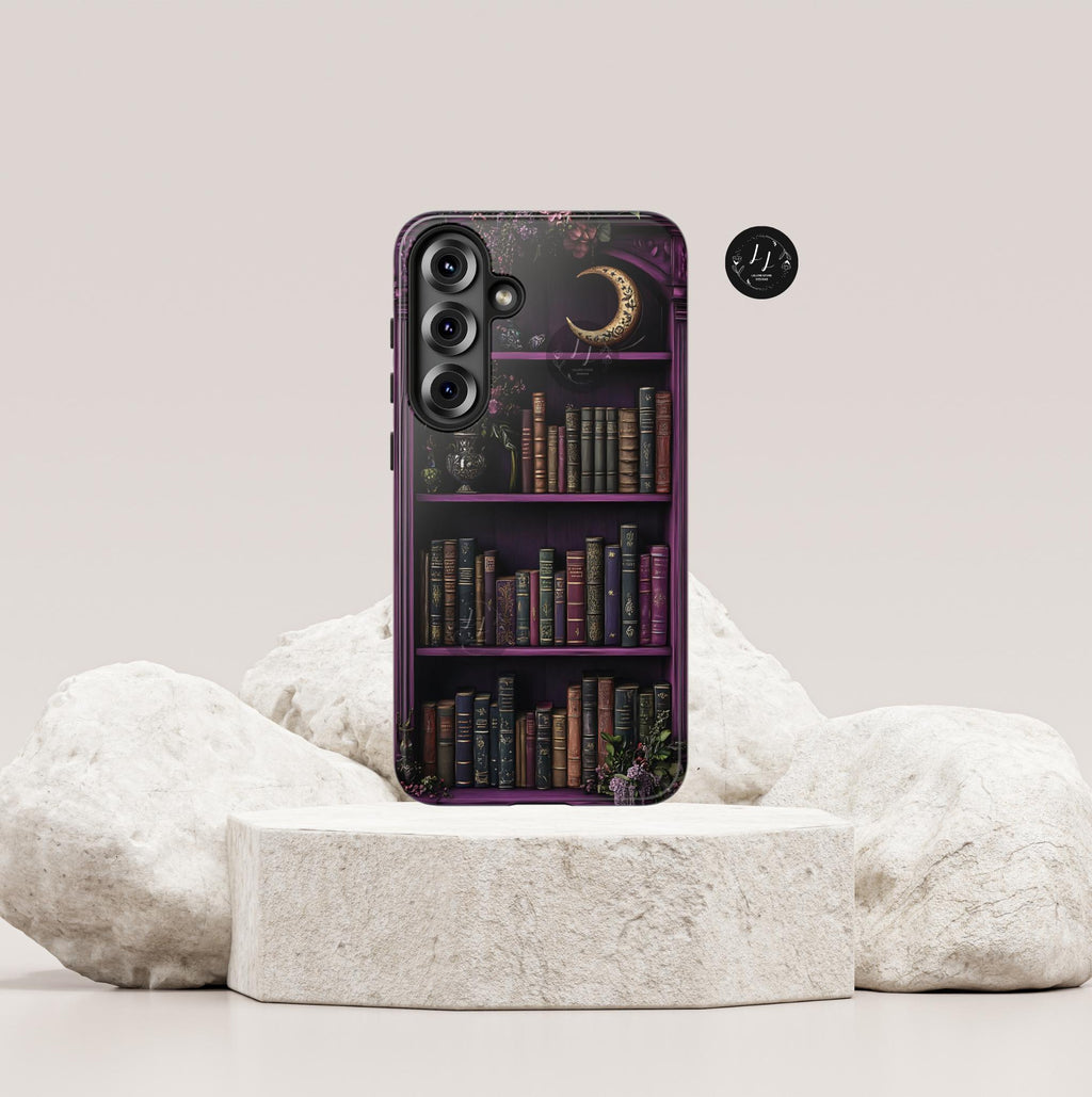 Purple Bookshelf Phone  Case, Floral Book  iPhone  Bookworms Samsung  Pixel  Book Lover Gift