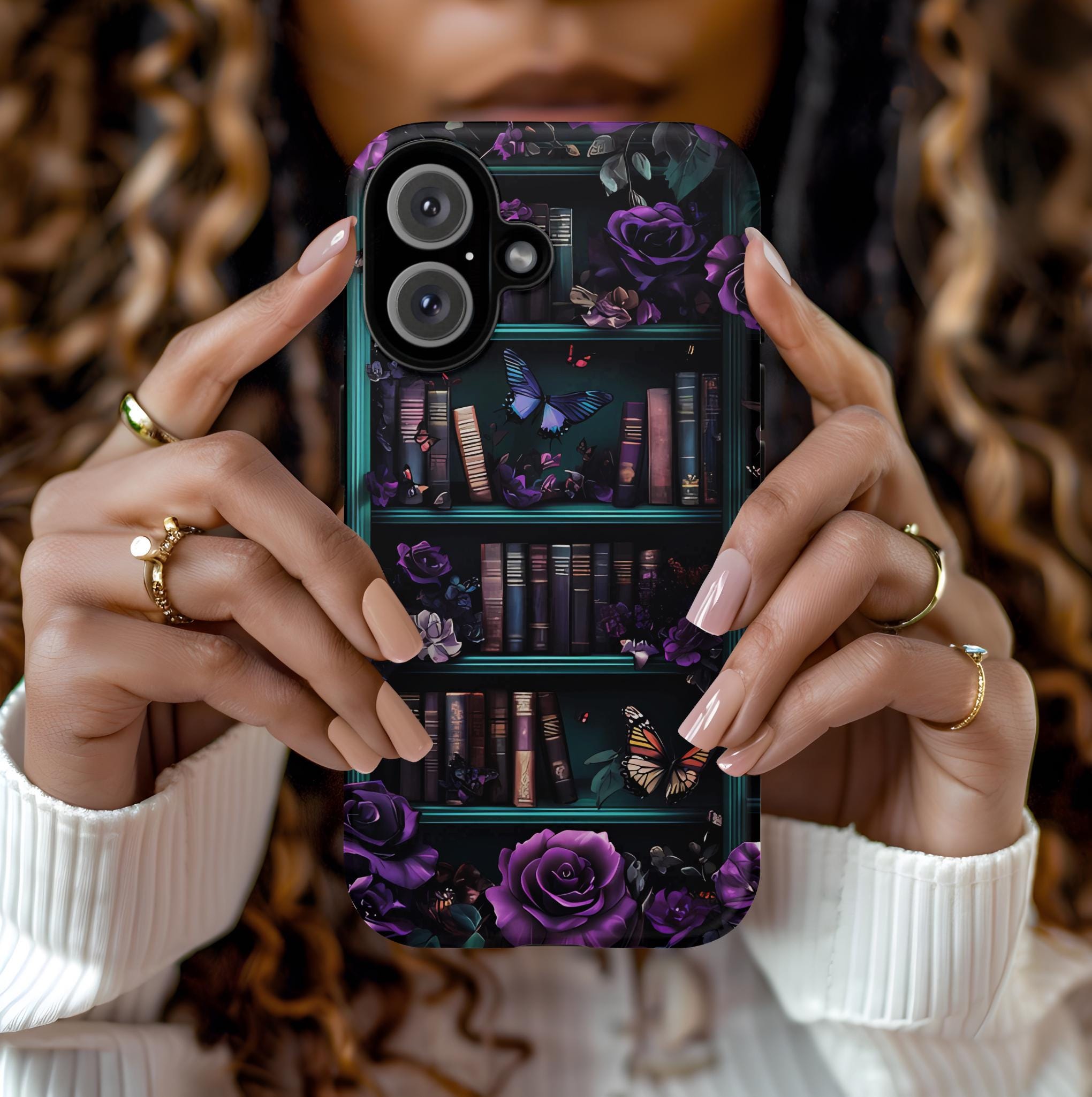 Bookish Floral Bookshelf Phone Case: Purple Emerald Design Book Lover Gift iPhone Galaxy Pixel
