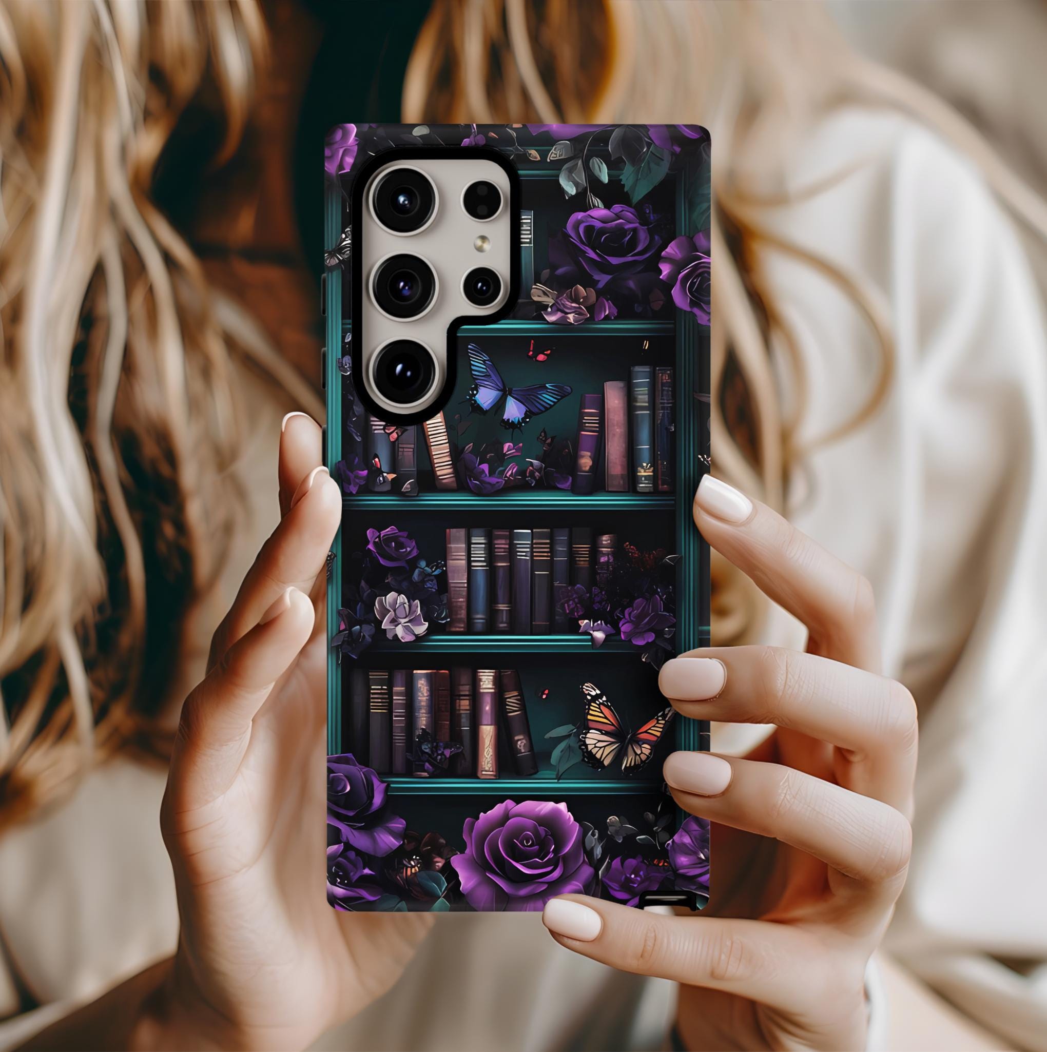 Bookish Floral Bookshelf Phone Case: Purple Emerald Design Book Lover Gift iPhone Galaxy Pixel