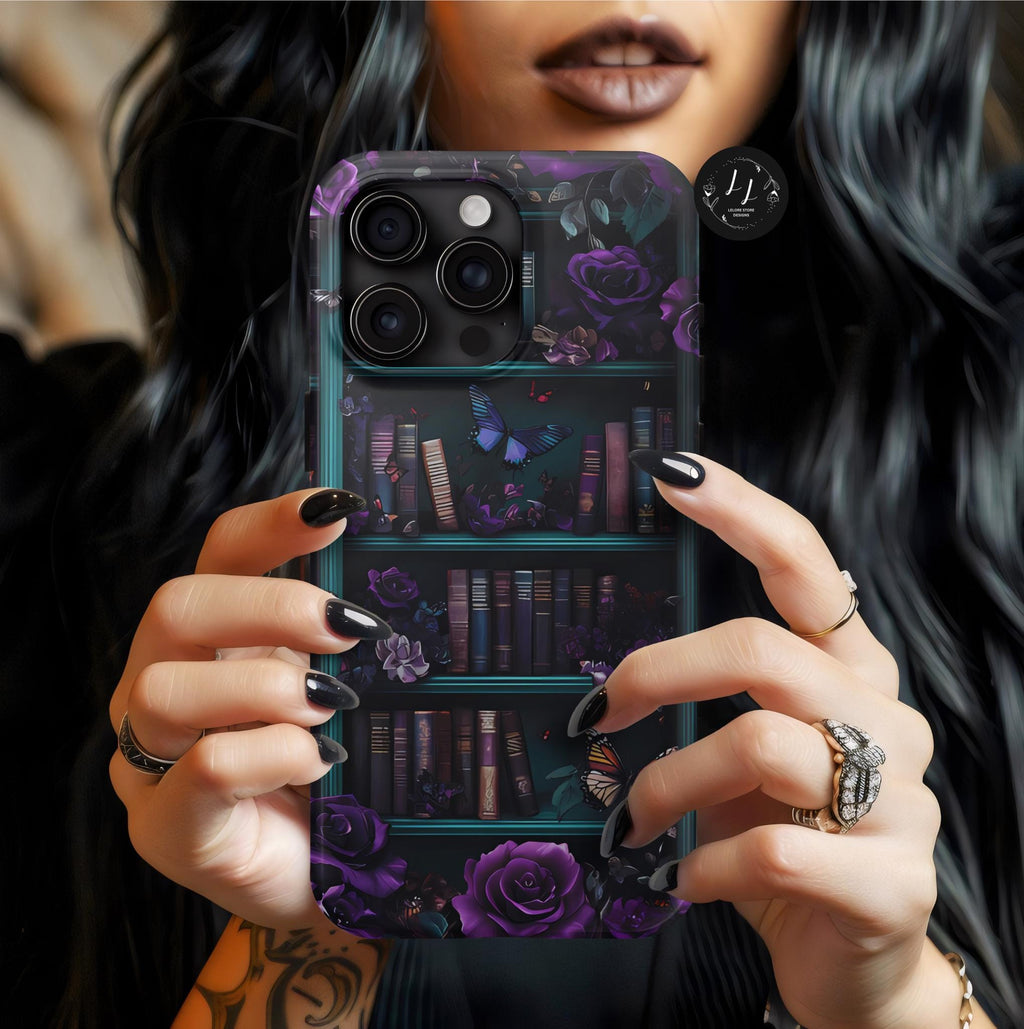 Bookish Floral Bookshelf Phone Case: Purple Emerald Design Book Lover Gift iPhone Galaxy Pixel