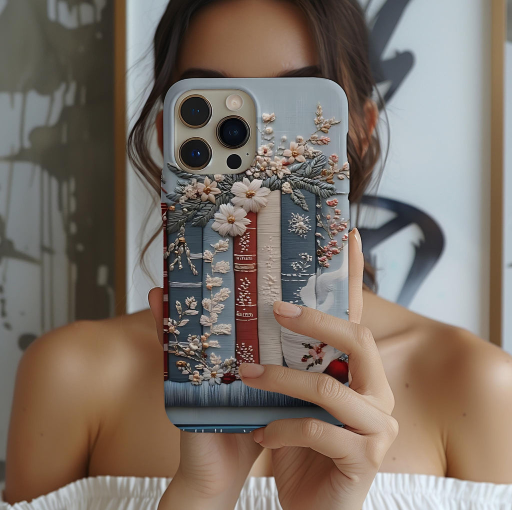 Boho Faux Embroidered phone case, Bookish Blue Jea Coffee Lover, Floral iPhone Galaxy Pixel