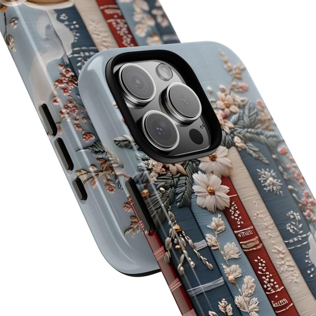 Boho Faux Embroidered phone case, Bookish Blue Jea Coffee Lover, Floral iPhone Galaxy Pixel